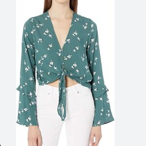 🌿 Billabong Teal Floral Tie-Front Blouse • Medium